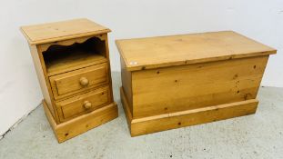 SOLID PINE BLANKET BOX, W 93CM X D 45CM X H 49CM + TWO DRAWER PINE CHEST, W 41CM X D 35CM X H 64CM.