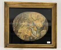 A C19th SILK WORK OF A RELIGIOUS SCENE DEPICTING ABRAHAM & ISAAC IN AN OVAL MOUNT, A/F,