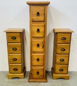 A PAIR OF PINE 4 DRAWER TOWER UNITS, W 27CM X D 23CM X H 81CM ALONG WITH A PINE 5 DRAWER TOWER UNIT,