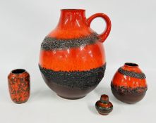 THREE WEST GERMAN POTTERY VASES THE LARGEST H 41CM + ONE FURTHER STUDIO POTTERY VASE.