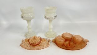 TWO DECO PALE PINK GLASS DRESSING TABLE SETS TO INCLUDE A FROSTED GLASS EXAMPLE.