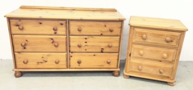 A MODERN WAXED PINE 3 DRAWER CHEST ALONG WITH A HONEY PINE 6 DRAWER CHEST.