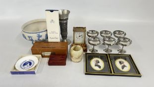 A GROUP OF COLLECTABLES TO INCLUDE DOMINOES AND CARDS, RAPPORT CARRIAGE CLOCK, ONYX POT,