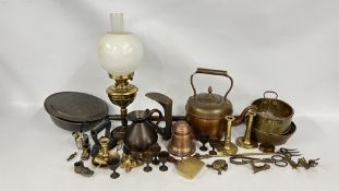 TWO BOXES OF MIXED METAL WARES TO INCLUDE VINTAGE COPPER TEA POT,