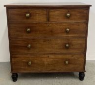 A VICTORIAN MAHOGANY TWO OVER THREE DRAWER CHEST ON TURNED FEET WITH BRASS HANDLES,