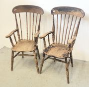 TWO ANTIQUE PAINTED WOODEN WINDSOR ARMCHAIRS (1 A/F MISSING SPINDLE).