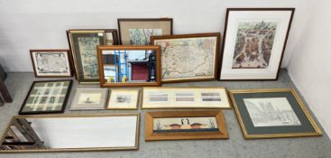 A COLLECTION OF FRAMED PICTURES, PRINTS, MAPS AND MIRRORS TO INCLUDE NORFOLK MAPS,