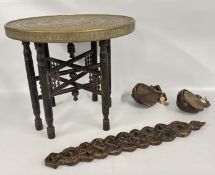 VINTAGE BRASS TOP EASTERN CIRCULAR TABLE, TWO VINTAGE RICE BOWLS, INDIAN SPOON HOLDER.