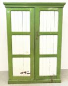 AN ANTIQUE PAINTED PITCH PINE KITCHEN CUPBOARD, W 131CM X D 42CM X H 180CM.