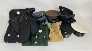 A GROUP OF BUS CONDUCTOR / DRIVER RELATED CLOTHING TO INCLUDE 4 JACKETS AND 9 HATS.
