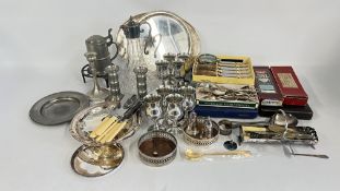 TWO BOXES OF MIXED PLATED WARE TO INCLUDE CLARET JUG WITH SILVER PLATED HANDLE,