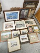 A BOX OF ASSORTED FRAMED PICTURES AND PRINTS TO INCLUDE AN ORIGINAL WORK DEPICTING A FISHING