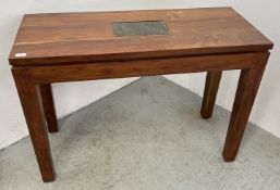 A HARDWOOD SIDE TABLE WITH INSET FLAGSTONE PANEL TO TOP, W 110CM X D 45CM X H 79CM.