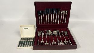 A PART CANTEEN OF ROYAL DOULTON CUTLERY + A SET OF 6 SOLA-MASSIEF CAKE FORKS.