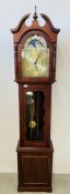 A MODERN MAHOGANY CASED ARCH DIAL LONG CASE CLOCK, THREE TRAIN MOVEMENT,