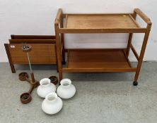 A MID CENTURY TEAK MAGAZINE RACK AND MID CENTURY TEAK BRANCH LIGHT FITTING WITH OPAQUE GLASS SHADES