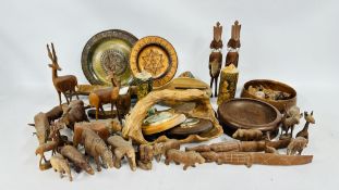 TWO BOXES OF TREEN BOWLS AND AN OVERSIZED SALAD SPOON AND FORK, GERMAN STEINS,