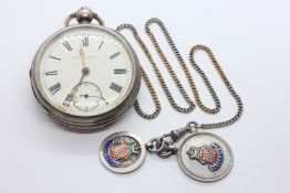 AN ANTIQUE SILVER CASED POCKET WATCH BIRMINGHAM 1889, MAKER FATTORINI & SONS ON ENAMEL DIAL,