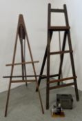 TWO LARGE VINTAGE ARTISTS EASEL'S + VINTAGE SEWING MACHINE.