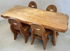 A NATURAL SLAB WOOD CRAFTS STYLE REFECTORY DINING TABLE AND FOUR CHAIRS,