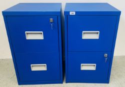 A PAIR OF BLUE FINISH STEEL TWO DRAWER HOME FILING UNITS WITH KEYS, EACH W 40CM X D 40CM X H 66CM.
