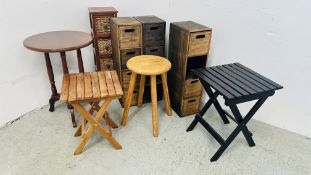 4 ASSORTED TOWER STORAGE CHESTS, SINGLE CIRCULAR SIDE TABLE, TWO FOLDING SIDE TABLES AND STOOL.