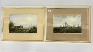 A PAIR OF FRAMED AND MOUNTED WATERCOLOURS DEPICTING LOCAL FARM SCENES, BEARING SIGNATURE K.J.