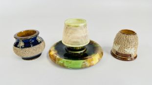 THREE ANTIQUE MATCH STRIKERS TO INCLUDE A DOULTON BEEHIVE + ONE OTHER AND A WEDGWOOD EXAMPLE.