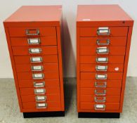A PAIR OF STEEL RED FINISH TEN DRAWER FILING UNITS, EACH W 28CM X D 41CM X H 68CM.