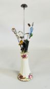 A COLLECTION OF VINTAGE HAT PINS IN CERAMIC STAND, SILVER THISTLE TOP, STONE SET, PIQUE INLAY ETC.