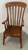 VINTAGE ELM SEATED SLAT BACK BEECHWOOD ARM CHAIR.