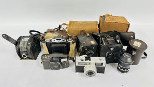 A BOX OF ASSORTED VINTAGE CAMERAS TO INCLUDE CANONET CANON 28, ZEISS IKON, BROWNIE & ENSIGN ETC.