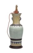 A 19TH CENTURY CHINESE NANKING CRACKLE GLAZED CELADON PORCELAIN VASE CONVERTED TO A LAMP ON WOOD STA