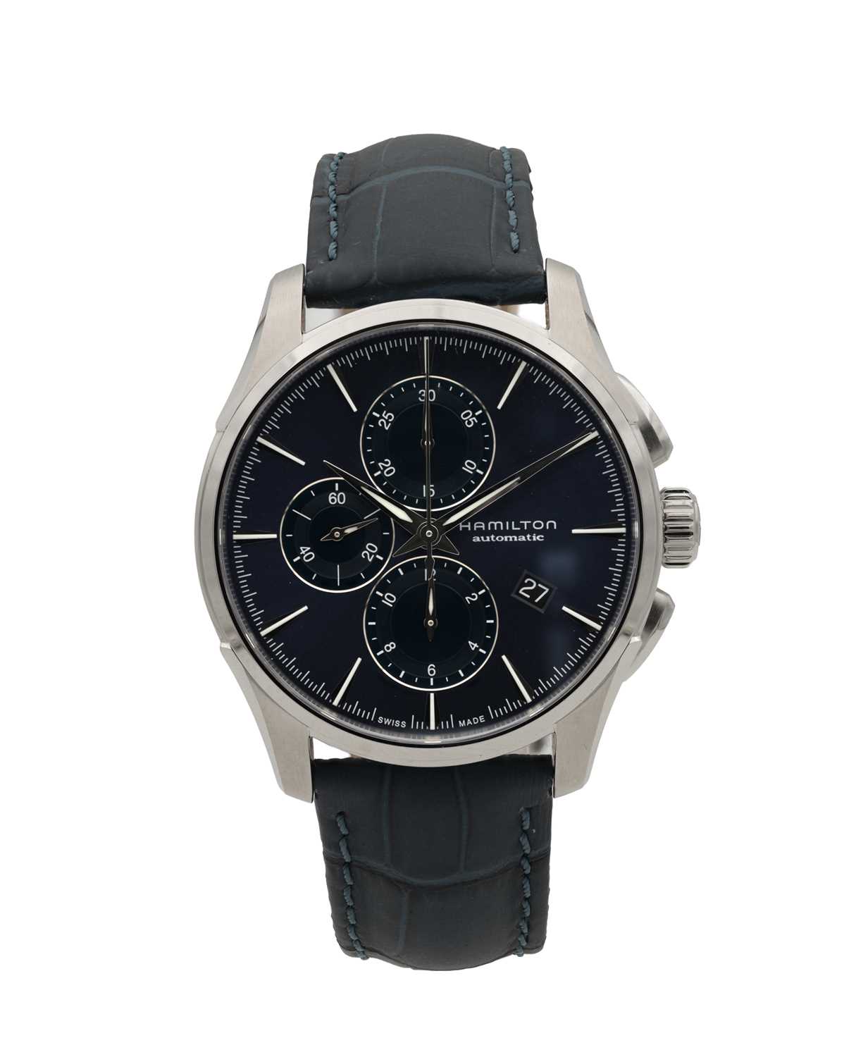 A GENTLEMAN'S STAINLESS STEEL HAMILTON JAZZMASTER CHRONOGRAPH AUTOMATIC WRIST WATCH
