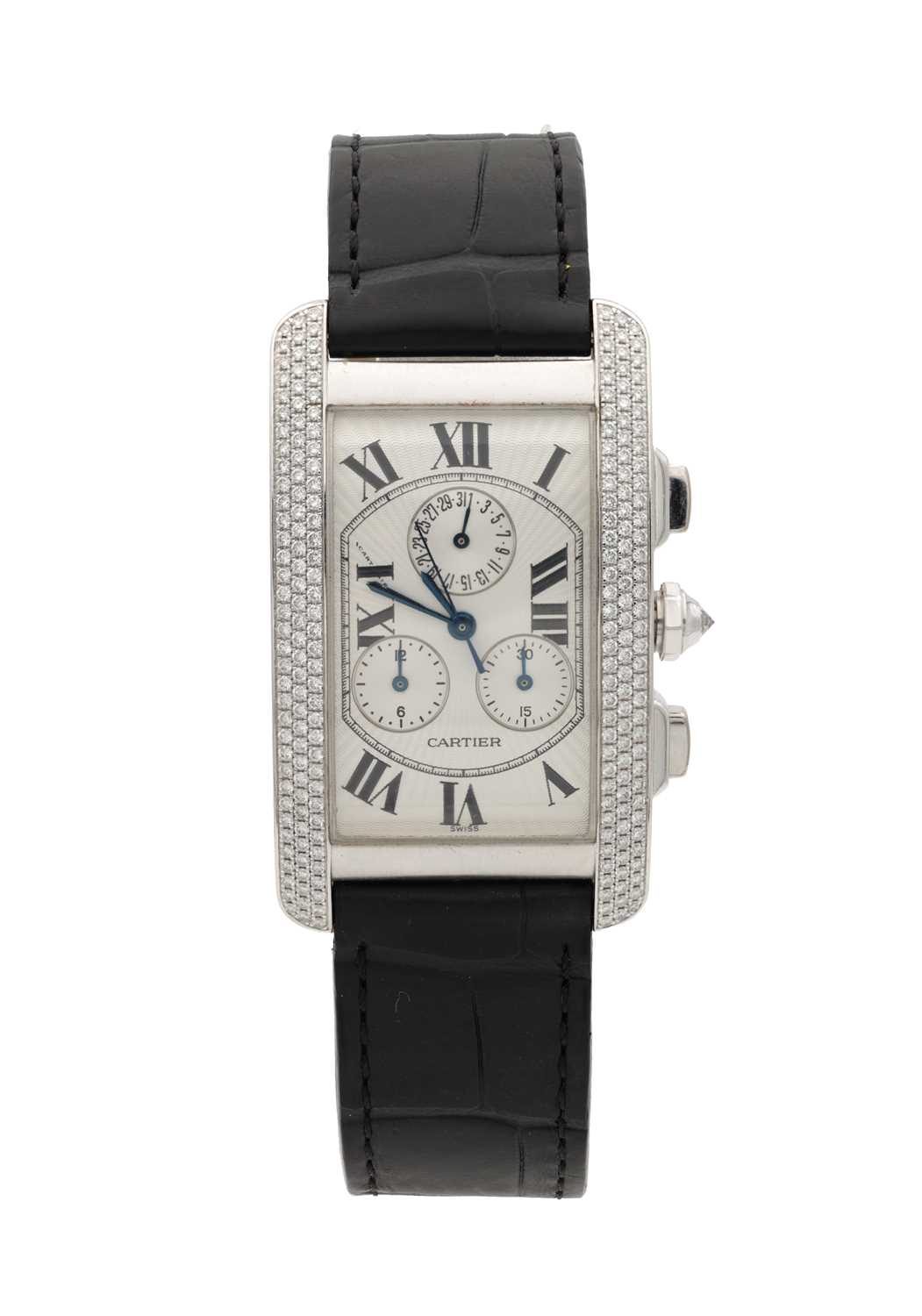 A GENTLEMAN'S LARGE MODEL 18CT WHITE GOLD AND DIAMOND CARTIER TANK AMERICAINE CHRONOGRAPH WRIST WATC