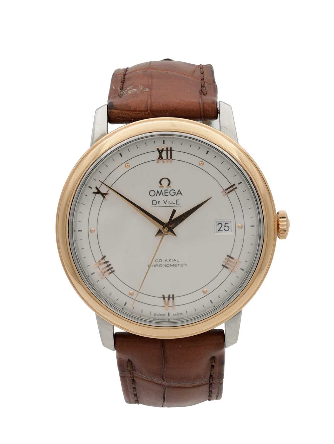 A GENTLEMAN'S STEEL AND GOLD OMEGA DE VILLE PRESTIGE CO-AXIAL CHRONOMETER WRIST WATCH