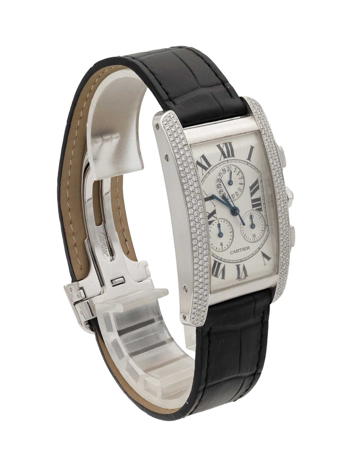 A GENTLEMAN'S LARGE MODEL 18CT WHITE GOLD AND DIAMOND CARTIER TANK AMERICAINE CHRONOGRAPH WRIST WATC - Image 2 of 11