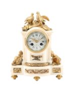 A LATE 19TH CENTURY FRENCH WHITE MARBLE AND ORMOLU MANTEL CLOCK WITH DOVES FINIAL