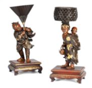 MIYAO EISUKE A FINE PAIR OF JAPANESE MEIJI PERIOD PATINATED BRONZE AND MIXED METAL FIGURAL SCULPTURE
