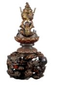 A RARE LARGE JAPANESE MEIJI PERIOD BRONZE AND MIXED METAL KORO ON A CARVED HARDWOOD STAND