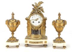 A LATE 19TH CENTURY FRENCH BRASS AND MARBLE CLOCK GARNITURE