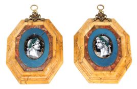 A PAIR OF 17TH CENTURY LIMOGES ENAMEL BUST PORTRAITS OF ROMAN EMPERORS