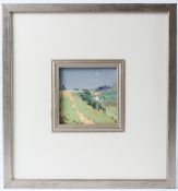 MANNER OF GEORGE HOUSTON Hillside track with a cottage in the valley below oil on canvas board 12
