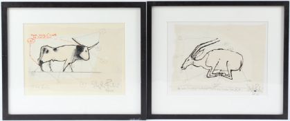 STEPHEN FARTHING (1950) 'Trussed antelope' and '13 Lone Bull' two mixed media drawings both signed