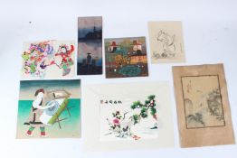 JAPANESE SCHOOL (EARLY 20TH CENTURY) Figure on a riverbank with pagoda beyond watercolour 30 x