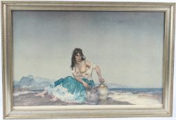 WILLIAM RUSSELL FLINT Semi naked woman on a beach colour print signed in pencil 41 x 63cm