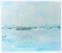 TOM ROBB (b.1933) Moored boats oil on board unframed 51 x 61cm