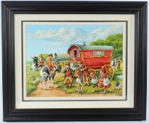 ROY WALLACE Scene of Travellers and caravans by a road side oil on board signed 46 x 59cm