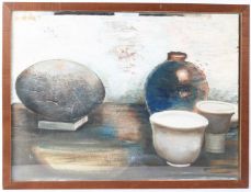 20TH CENTURY SCHOOL Pots and dish on a table acrylic on card 46 x 62cm