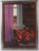 SERGEI MICHAILOV Flowers by a window with a person peering through oil on canvas inscribed verso